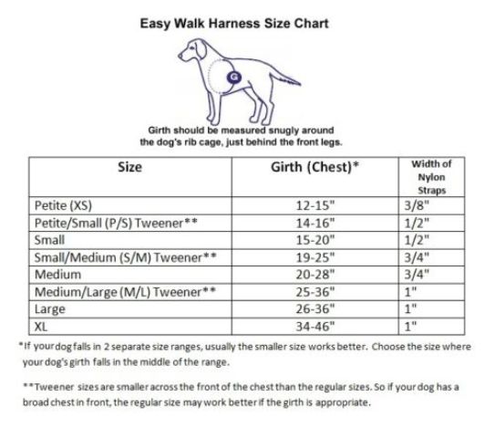 Easy Walk Deluxe Harness Size Chart